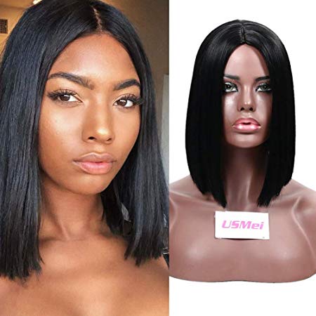 HUA MIAN LI Black Short Straight Wig With Middle Part Heat Resistant Synthetic Hair Replacement Wigs for Women 10 inch Cosplay Wig for Dating, Party