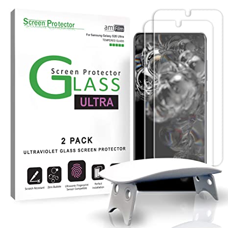 amFilm Ultra Glass Screen Protector for Galaxy S20 Ultra, (2 Pack) UV Gel Application, Tempered Glass, Compatible with UltraSonic Fingerprint Scanner for Galaxy S20 Ultra (2020)