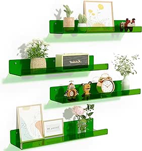 upsimples 4 Pack Acrylic Shelves for Wall Storage, 15" Floating Bookshelves for Kids, Display Shelf Organizer for Bathroom, Bedroom, Living Room, Kitchen, Room Decor, Clear Green