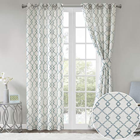 Comfort Spaces 2 Panel Curtains - Bridget Faux Linen Window Curtains 84 inch Length Grommet Top with Tie Backs - White/Aqua Fretwork Embroidery Design