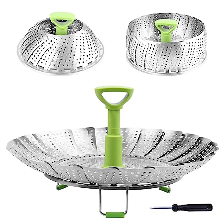 RKPM Stainless Steel Folding Steamer Basket for Vegetable Fish Seafood Cooking, Expandable to Fit Various Size Pot (5.1-9 Inch, Silver)
