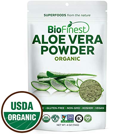 Biofinest Aloe Vera Powder (Aloe barbadenis) - 100% Pure Antioxidants Superfood - USDA Certified Organic Kosher Vegan Raw Non-GMO- Skin Health Hair Care - for Smoothie Beverage (4 oz Resealable Bag)