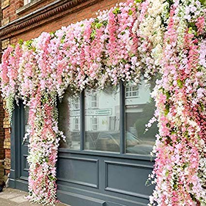 Shop2Beat Realistic Artificial Silk Wisteria Vine Ratta Silk Hanging Flower Plant for Home Party, Wedding Decor and Other Events 6 pcs– (White)