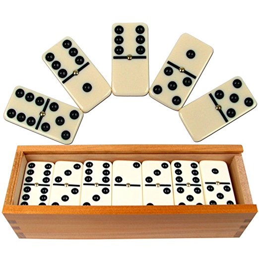 Premium Set of 28 Double Six Dominoes with Wood Case, Brown