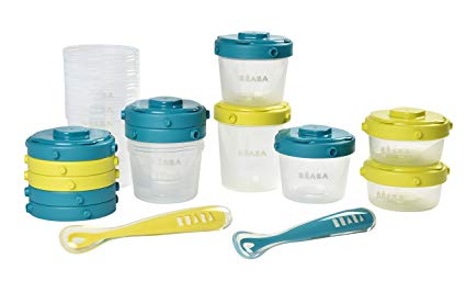 BEABA Clip Containers, Set of 12, 2 oz, 4 oz and 7 oz for Snacks and Baby Food, Set Also Includes 2 Silicone Spoons - Peacock