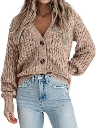 Zeagoo Women's 2024 Fall Chunky Knit Cardigans Open Front Long Sleeve V Neck Button Loose Cardigan Sweaters