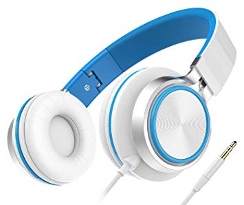 Lightweight Headphones, Honstek Foldable On-Ear Headphone, Stereo Wired Comfortable Headset Compatible with iPhone iPad Android Cellphones Computer Tablets MP3/MP4 (White/Blue)