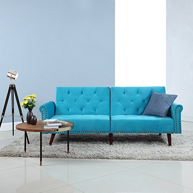 Modern Tufted Velvet Splitback Recliner Sleeper Futon Sofa with Nailhead Trim (Blue)