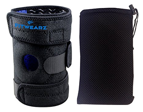 Lightweight Knee Brace   FREE Carrying Pouch From FitWearz - With Patella Cushion and 4 Spring Stabilizers - One Size