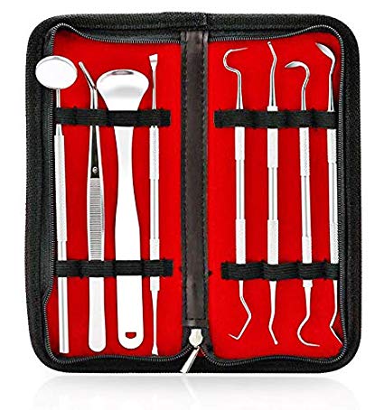 Dental Tools Kit Xpassion Professional Smile Dent Pro Teeth Cleaning Set 8pcs Dental Pick Stainless Steel Dental Hygiene Pack with Tooth Scraper Tartar Dental Scaler Tweezers Mouth Mirror