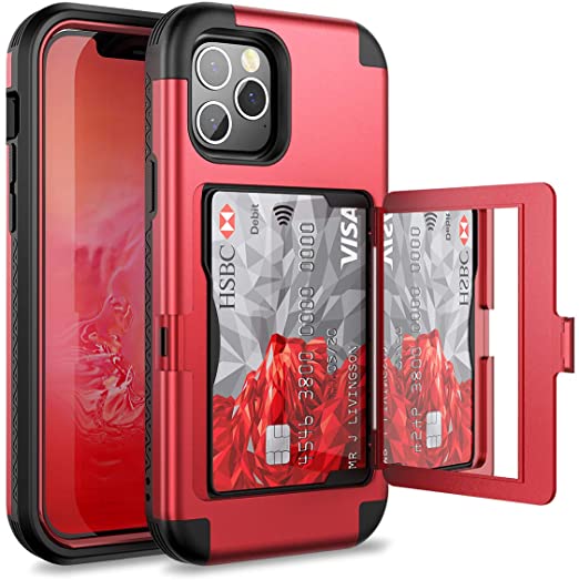 WeLoveCase for iPhone 12/ for iPhone 12 Pro Wallet Case with Credit Card Holder & Hidden Mirror, Defender Three Layer Shockproof Heavy Duty Cover for iPhone 12/ for 12 Pro 2020, 6.1 inch 5G Red