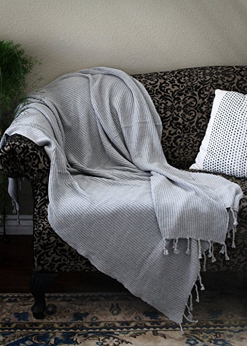 Viverano Pure Organic Cotton Tuck Knit Throw Blanket with Tassels, 60x80, Soft, Natural