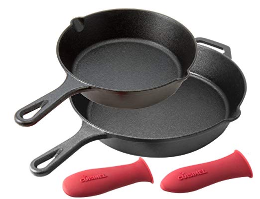 Pre-Seasoned Cast Iron Skillet 2-Piece Set (8-Inch and 12-Inch) Oven Safe Cookware | 2 Heat-Resistant Holders | Indoor and Outdoor Use | Grill, Stovetop, Induction Safe