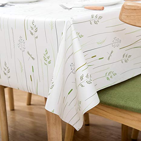 Vinyl Oilcloth Tablecloth Rectangle Heat Resistant/Oil-proof Wipeable Thick PVC Plastic Long Oblong Tablecloths for Spring Outside Picnic - Grass Ivory White 54 x 84 Inch
