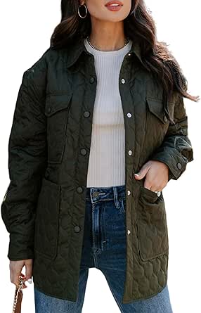 EVALESS Quilted Jackets for Women Lightweight Long Sleeve Button Down Puffer Jacket Warm Winter Coat Outerwear with Pockets