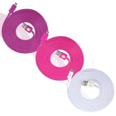 3 Pack Top Quality 10ft3M Heavy Duty Micro USB Cables High Speed USB 20 Sync and Charge Cable for Smartphones tablets MP3 players mobile phones digital cameras and more from your laptop computer or other USB-enabled device Purple Hot Pink White