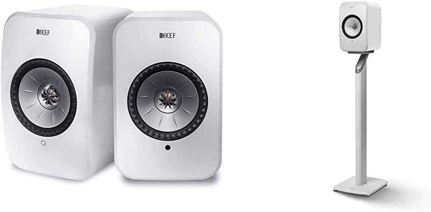 KEF Surround Powered Bluetooth Speaker Set of 2 White (LSXWH) Bundle with KEF Lsx S1 Floorstand (White, Pair)