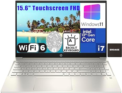 HP 2023 Pavilion 15 15.6" Touchscreen FHD Laptop Computer, 13th Gen Intel 10-Core i7-1355U, 64GB DDR4 RAM, 2TB PCIe SSD, WiFi 6, BT 5.3, Backlit KB, Fingerprint Reader, Warm Gold, Windows 11, BROAG