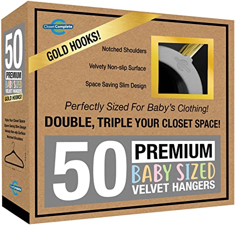 Closet Complete Baby Velvet Hangers, Premium Quality, True-Heavyweight, Virtually-UNBREAKABLE, Ultra-Thin, Space Saving No-Slip, Perfect Size for Babies 0-48 months 360° SPIN, Gold Hooks, Gray, 50 pc