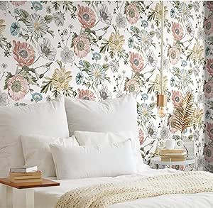 RoomMates RMK12281PL Vintage Poppy Peel and Stick Wallpaper, 20.5 inches Wide x 18 feet, Pink/Green, 30 Sq Ft