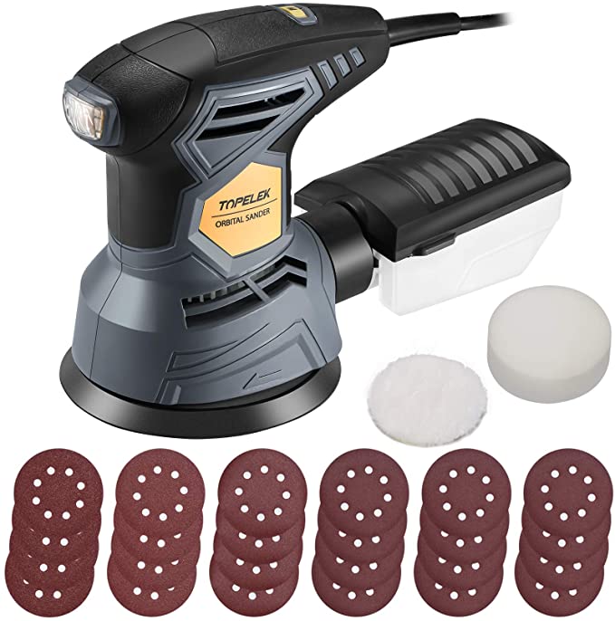 TOPELEK Random Orbit Sander, 7 Variable Speed 13000RPM Electric Sander Machine, 2.5A 5-Inch Hook and Loop Orbital Sander with 24Pcs Sandpapers and 2Pcs Polishing Pad, High-Efficient Dust Collection System for DIY