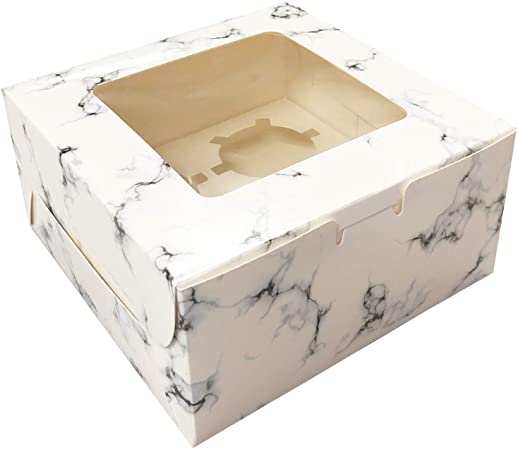 Prudance Marble Cupcake Boxes with Window 6 x 6 x 3 inch White Bakery Boxes for Cake,Cupcakes,Muffins,Pastries,Cookies,Donuts,Breads, 15 Pack