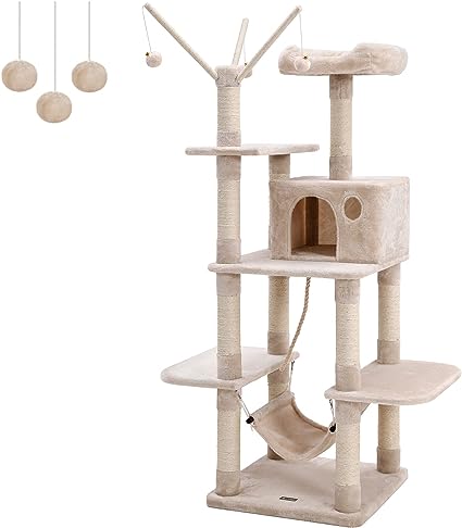 FEANDREA Cat Tree, Cat Condo with Hammock, Cat Tower with Perch, Beige PCT86M