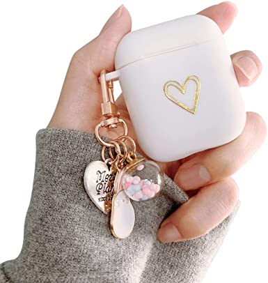 Ownest Compatible with AirPods Case Soft TPU with Gold Heart Pattern Cute Lucky Ball Keychain Shockproof Cover Case for Girls Woman Airpods 2 &1-White