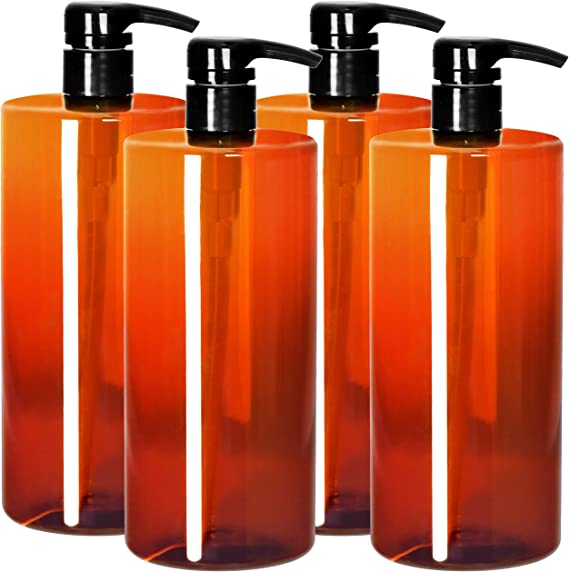 Youngever 4 Pack Pump Bottles for Shampoo 32 Ounce, Amber Shampoo Pump Bottles, Plastic Cylinder with Lockdown Leak Proof Pumps