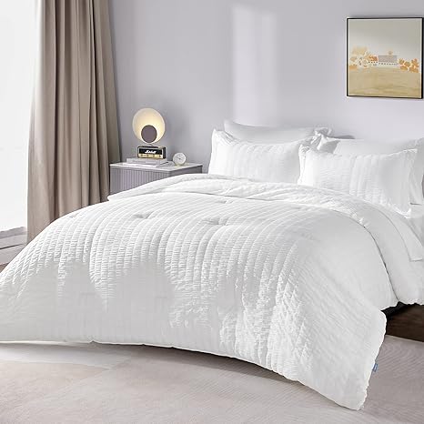 CozyLux California King Seersucker Comforter Set with Sheets White Bed in a Bag 7-Pieces Cal King All Season Bedding Sets with Comforter, Pillow Sham, Flat Sheet, Fitted Sheet, Pillowcase