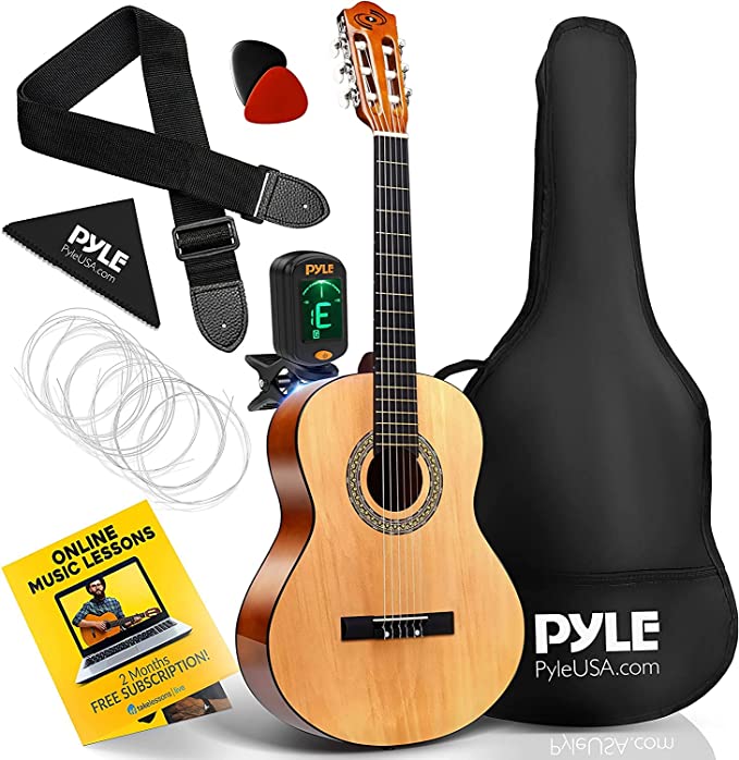 Pyle Classical Acoustic Kit-Junior 6 Linden Wood Guitar w/Gig Bag, Tuner, Nylon Strings, Picks, Strap, for Beginners, Adults, Right, Natural Gloss, 34” (PGACLS40)