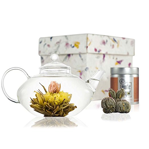 Prestige Flowering Tea Gift Set - Glass Teapot with Infuser - 600ml (2 Cup Size) - Glass Tea Set with Sampler Tin of Blooming Tea - Handmade Gift Box