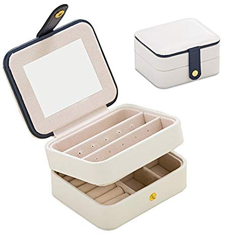 Jewelry Organizer Box-Nasion.V Travel Portable Jewelry Storage Case Accessories Holder Pouch Bulit-in Mirror with Environmental Faux Leather for Earring,Lipstick,Necklace,Bracelet,Rings White