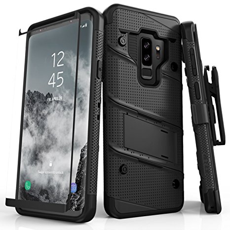 Zizo Bolt Series Samsung Galaxy S9 Plus Case - Full Curved Glass Screen Protector with Holster and 12ft Military Grade Drop Tested (Black & Black)