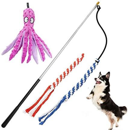 Flirt Pole for Dogs - Retractable Dog Teaser Wand with 2 Rope Chew Toys and 1 Plush Squeaky Toy Refills, Interactive Dog Training Toys, Dog Exercise Toys