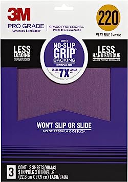 3M 25220P-G Pro Grade No-Slip Grip Advanced Sandpaper, 9-Inch x 11-Inch, 220 Grit, Pack of 3