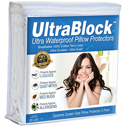 UltraBlock Queen Size Waterproof Pillow Protector - Hypoallergenic & Bed Bug Proof Zippered Terry Cotton Pillow Cover - 2 Pack