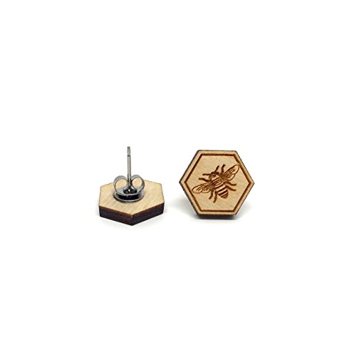 Bee and Honeycomb Earrings- Natural Wood