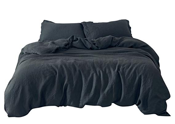 PHF Pure Linen Duvet Cover Set Luxurious Soft Warmth Winter 3 Piece Queen Size Charcoal