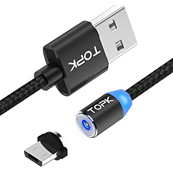 Magnetic Micro USB Charging Cable, TOPK 3.3 ft Strong Magnetic, Nylon Braided Extremely Durable Charging Cable with LED Light for Android Devices, Samsung ,HTC, Motorola and more(Black)