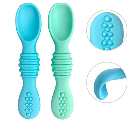 Otterlove Silicone Baby Spoons - 100% Platinum Pure LFGB Silicone Soft-Tip Training Spoon + Teether for Baby Led Weaning - 2 Pack Blue & Mint Green