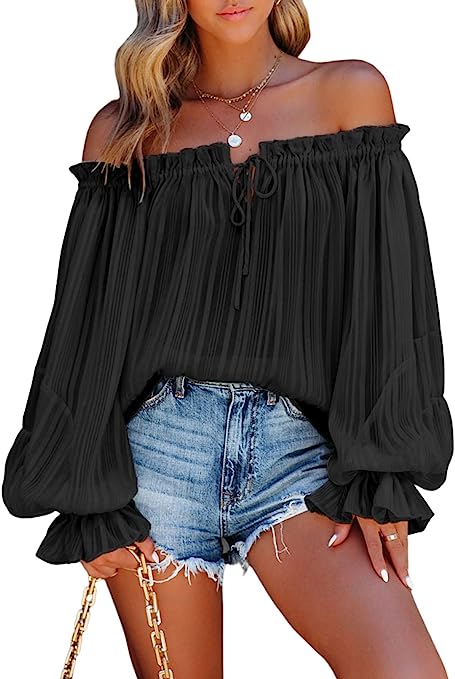 Asvivid Women's Sexy Striped Off Shoulder Ruffle Drawstring Long Sleeve Blouses Casual Chiffon Shirt Top