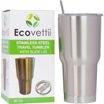 30oz Double Wall Vacuum Insulated Cup 18/8 Stainless Steel Travel Tumbler Mug   Spill Proof Slide Lid   Bonus Stainless Steel Straw and Cleaning Brush
