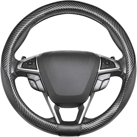 SEG Direct Car Steering Wheel Cover Universal Standard-Size 14 1/2''-15'' Leather with Carbon Fiber Pattern Black