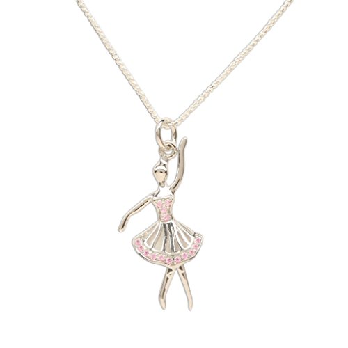 Girls Sterling Silver Ballerina Charm Necklace with Pink Sparkling CZs, Children, Teen and Women