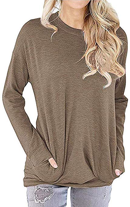 PRIMODA Womens Loose Long Sleeve Round Neck Sweatshirt Casual Solid T-Shirt Pullover Tunic Tops with Pockets
