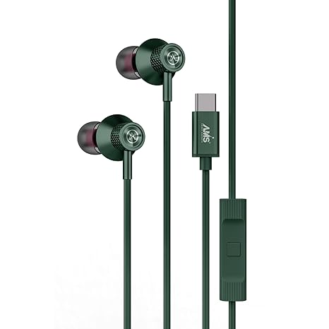 AMS Newly Launched ONL801 Wired Earphones with Type-C Port, 10mm Bass Drivers, Inline Controls, IPX5 Water Resistant, Comfort Fit Earphones Wired Headphones with mic, Type C Earphones (Green)