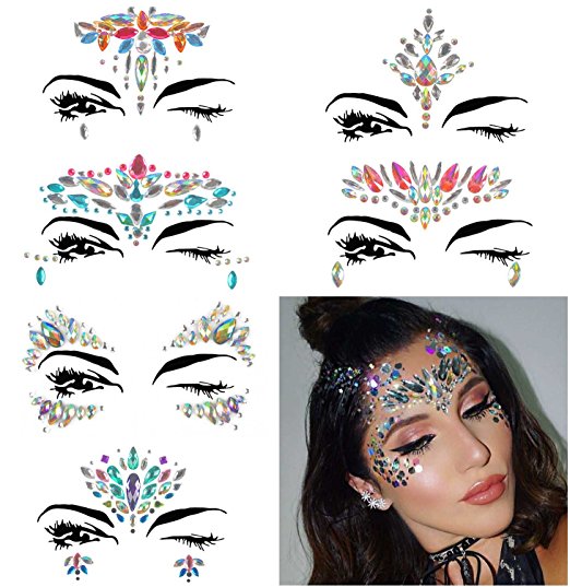 COKOHAPPY 6 Sets Rhinestone Mermaid Face Jewels Tattoo - BODY STICKERS Crystal Tears Gem Stones Bindi Temporary Stickers (Collection 1)