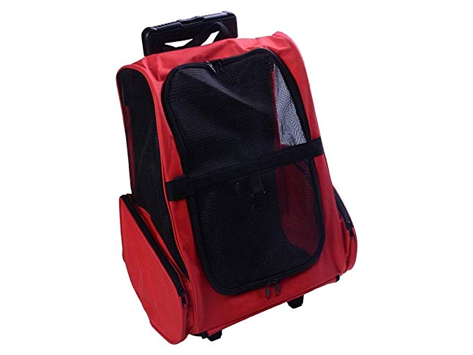PawHut Pet Carrier Luggage Box Cat Dog Backpack Crate Rolling Wheel with Removable Support, Red