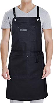 DingSay Trendy Apron with Convenient Pockets for Women Men, Professional for Chef Grill BBQ Cooking Hairstylist Painting, Leather Cross Back Straps & Adjustable S to XXL (Black Cotton)
